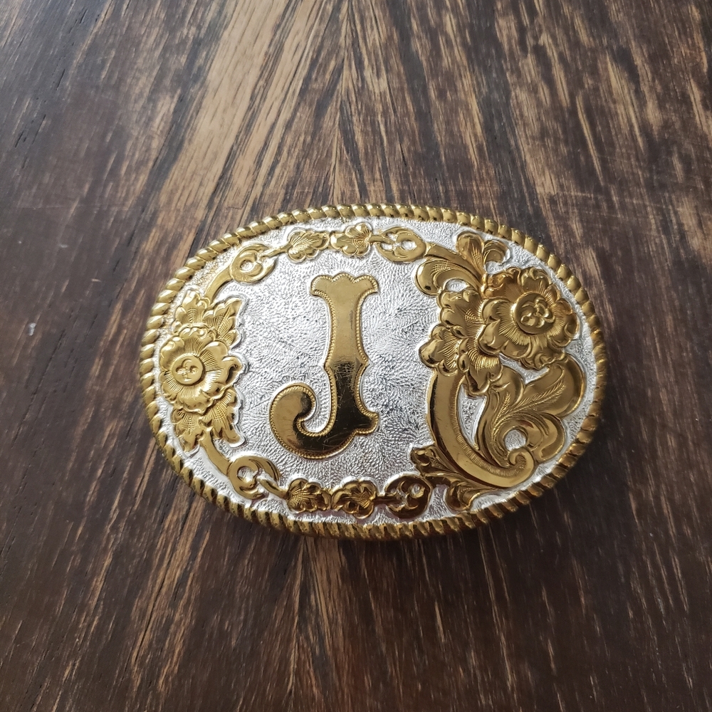 Vintage 1990s Initial J belt buckle by Crumrine Mfg. Jewelers